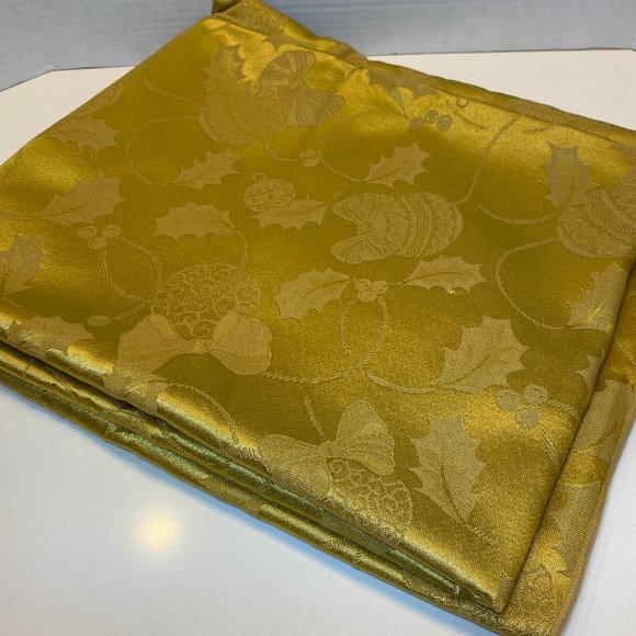 Large Gold Christmas Tablecloth Holly Motifs Tone on Tone 101 x 61 inches - Picture 1 of 5